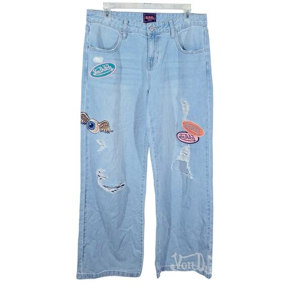 Von Dutch Patchwork Wide Leg Jeans NWOT Y2K Distressed Light Wash Size 7 - Picture 3 of 16